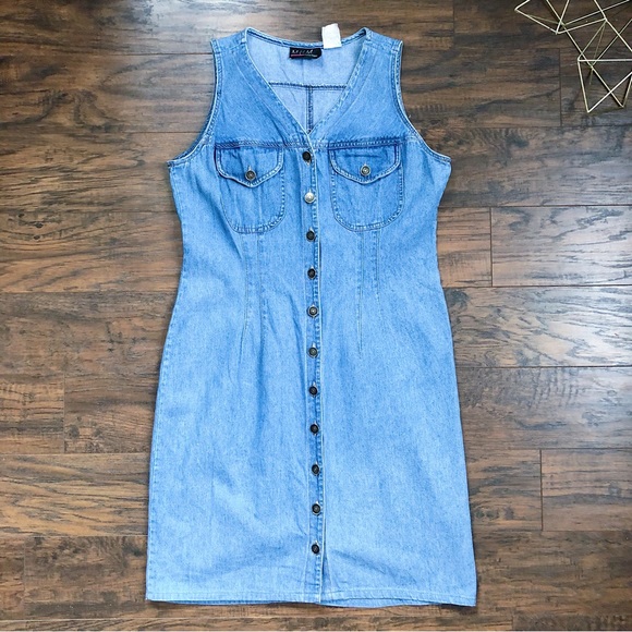 vintage • 90s denim jumper dress mini button front western sheath - Picture 1 of 7